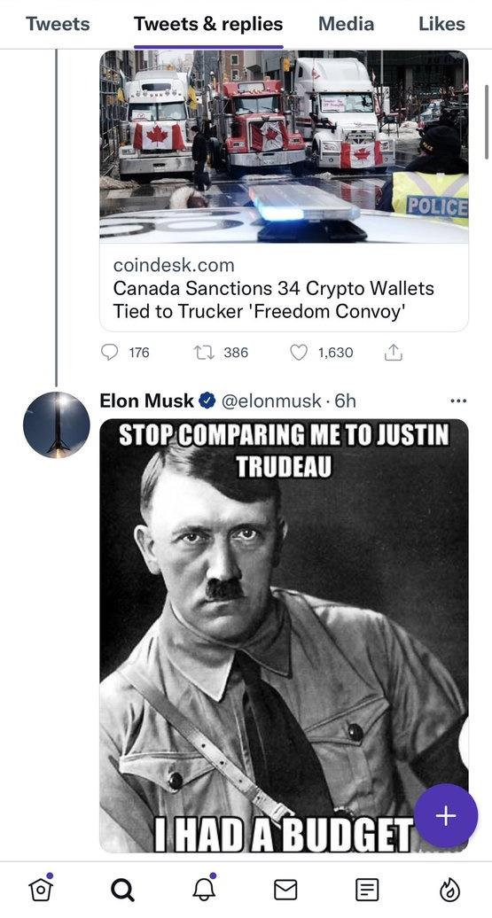 Elon Musk發meme諷刺杜魯多似希特拉遭炮轟後刪文。(Twitter)