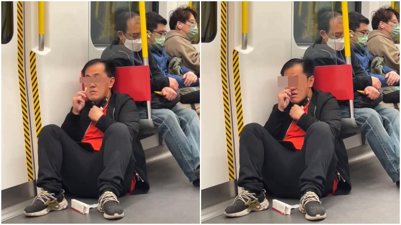 一名中年男子在港鐵車廂除口罩做快速檢測。(網片截圖)