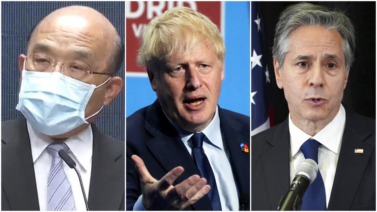 台灣行政院長蘇貞昌(左)指香港「一國兩制」不堪檢驗,英國首相約翰遜和美國國務卿布林肯指北京未守對香港民主的承諾。(左:台灣的行政院fb;中右:美聯社圖)