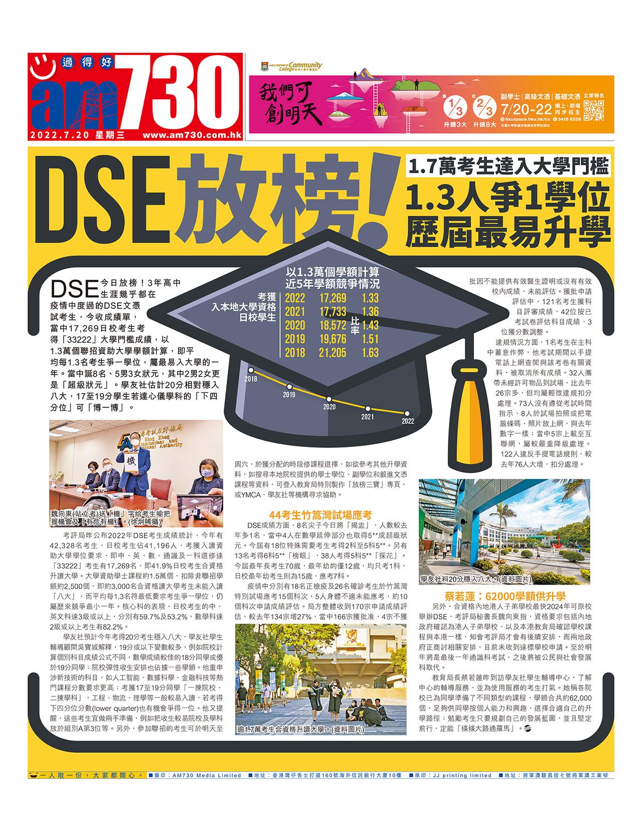 DSE放榜!1.7萬考生達入大學門檻 1.3人爭1學位 歷屆最易升學