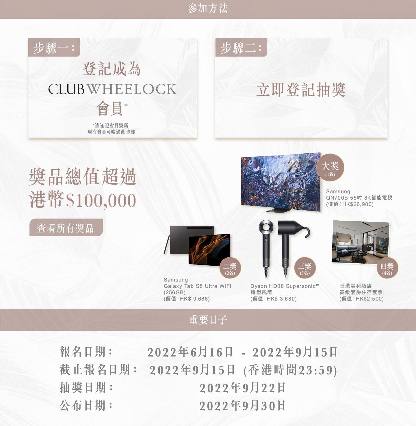 Club Wheelock會員由即日至9月15日即可參加抽獎,結果將於9月30日公布。