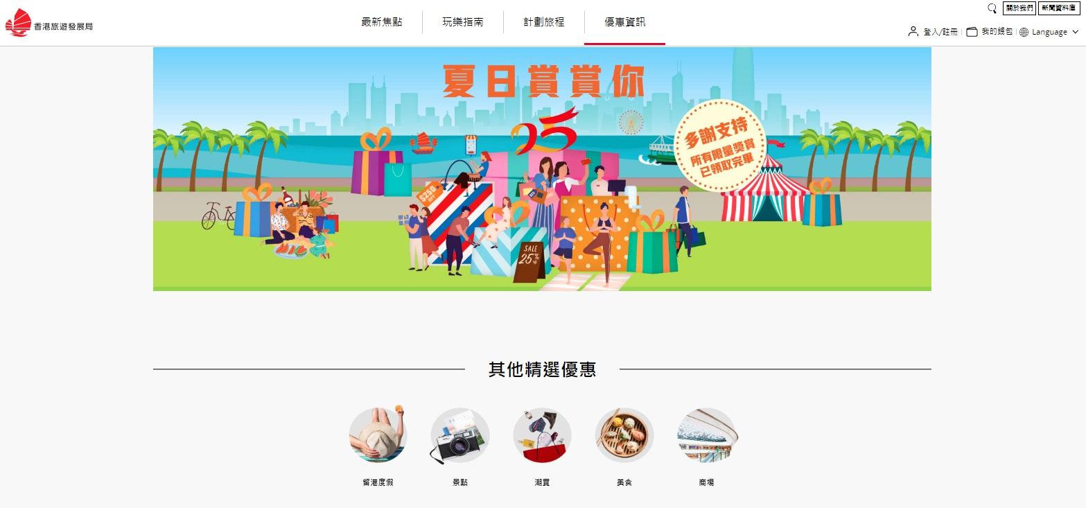「夏日賞賞你」20 萬份獎賞全部領取,旅發局另推逾100間商戶優惠即日起可以領取。(旅發局網頁截圖)