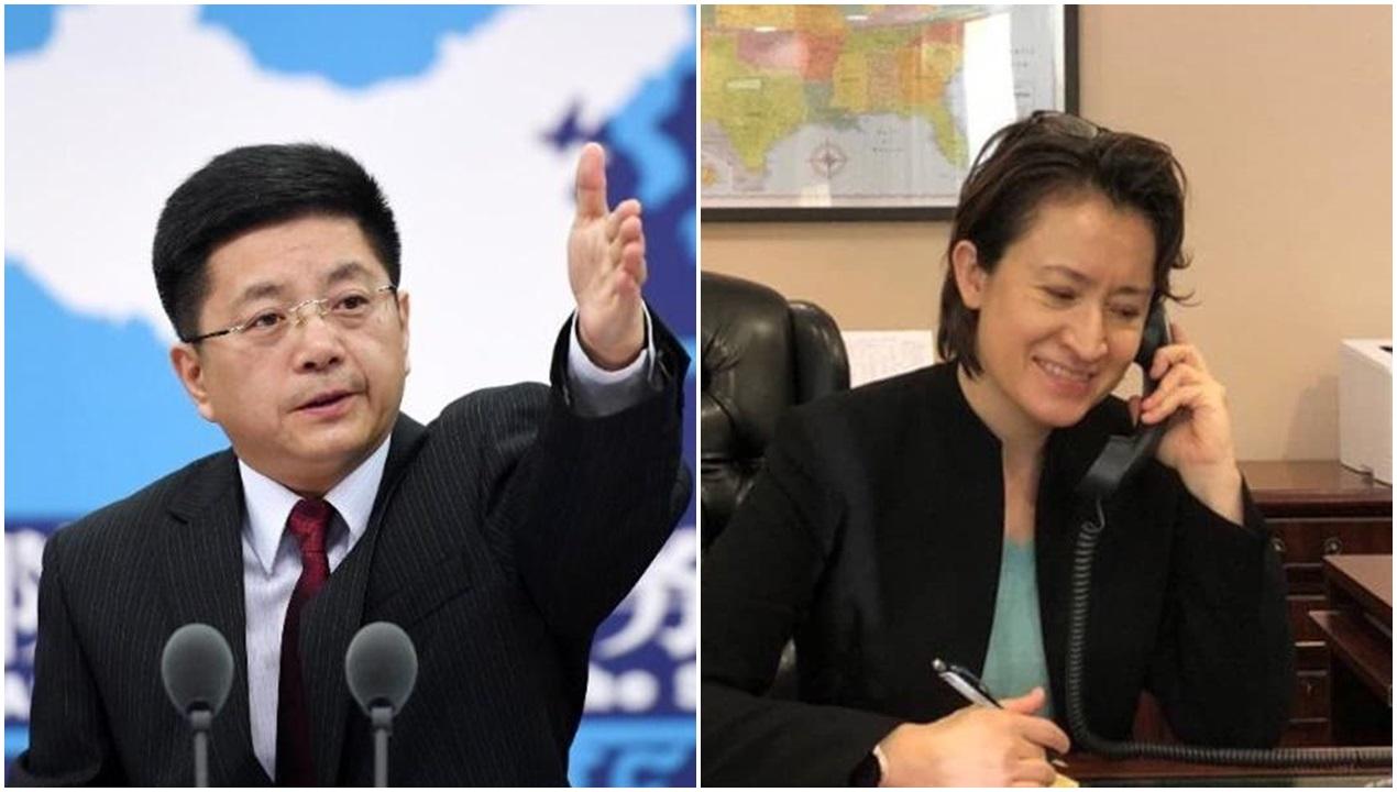 國台辦發言人馬曉光(左)批評台灣駐美代表蕭美琴(右)推動佩洛西竄台,必將遭到歷史清算。(左:資料圖片;右:蕭美琴Twitter圖片)