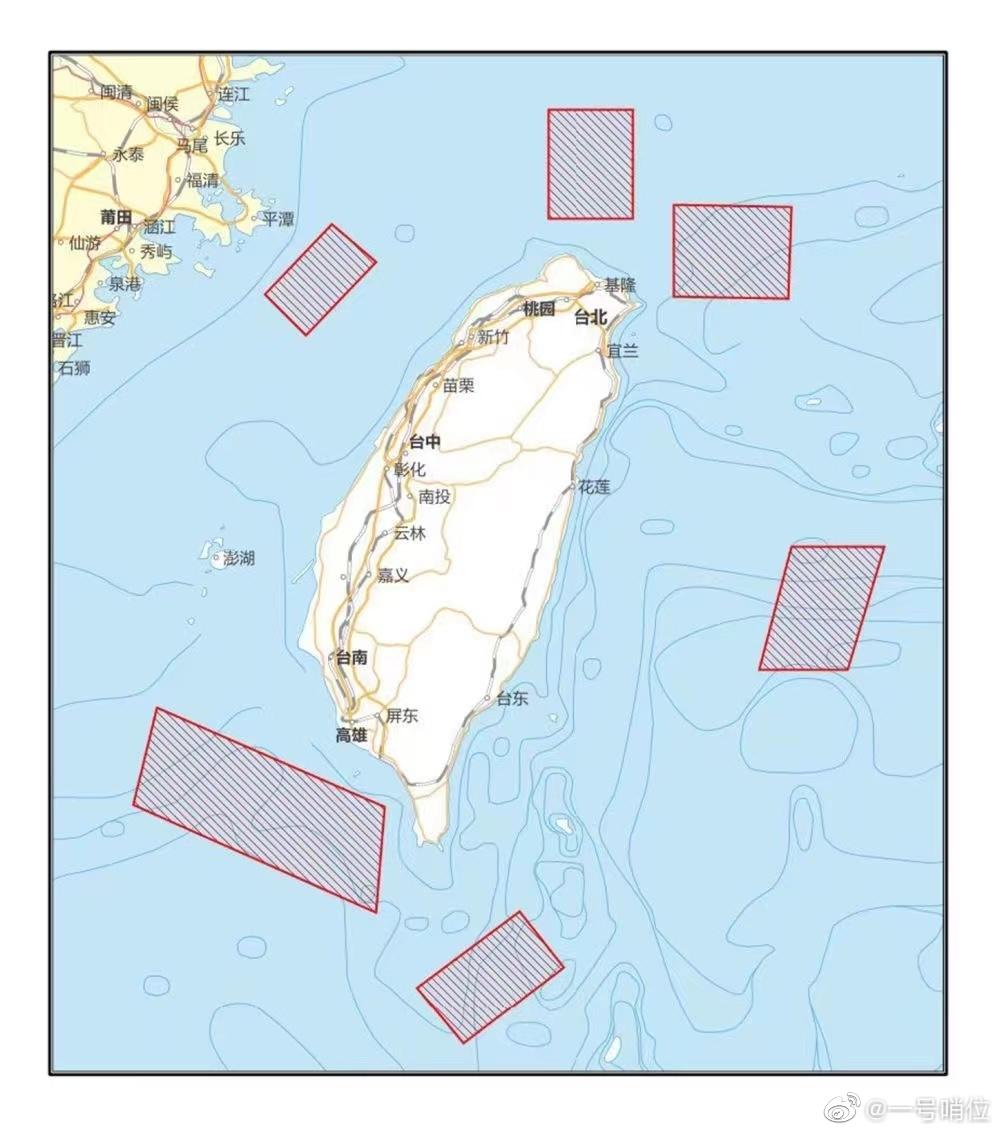解放軍今午起一連3天在台灣周邊6個海空域進行軍演及組織實彈射擊,幾乎對台灣本島呈包圍之勢。(網上圖片)