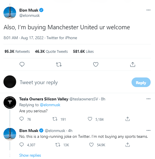 Elon Musk馬斯克在Twitter稱要收購曼聯,引發關注,其後稱只是講笑。(互聯網)