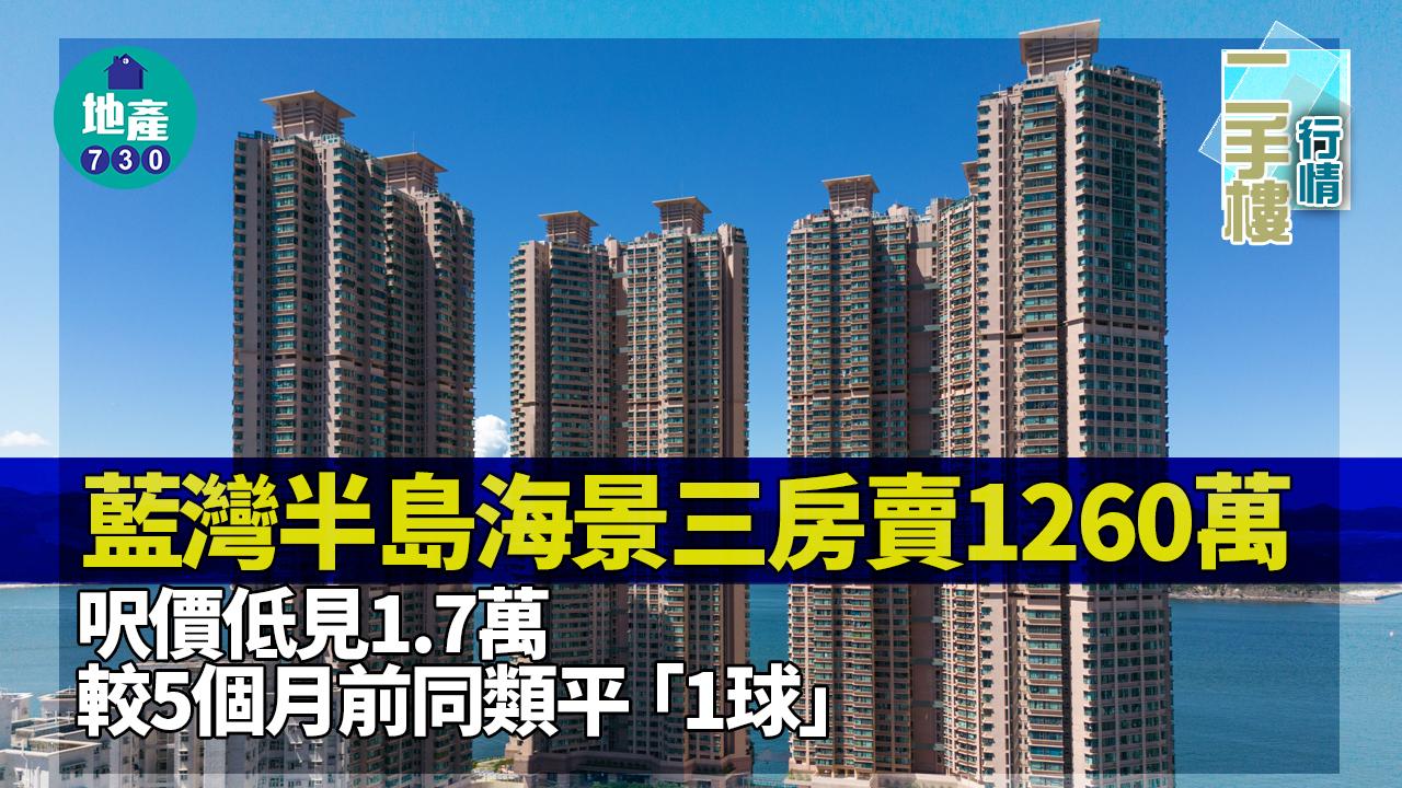 藍灣半島海景三房賣1260萬 呎價低見1.7萬 較5個月前同類平「1球」