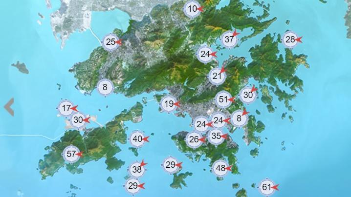天文台表示,一股清勁至強風程度的東北季候風正影響廣東沿岸。(香港天文台)