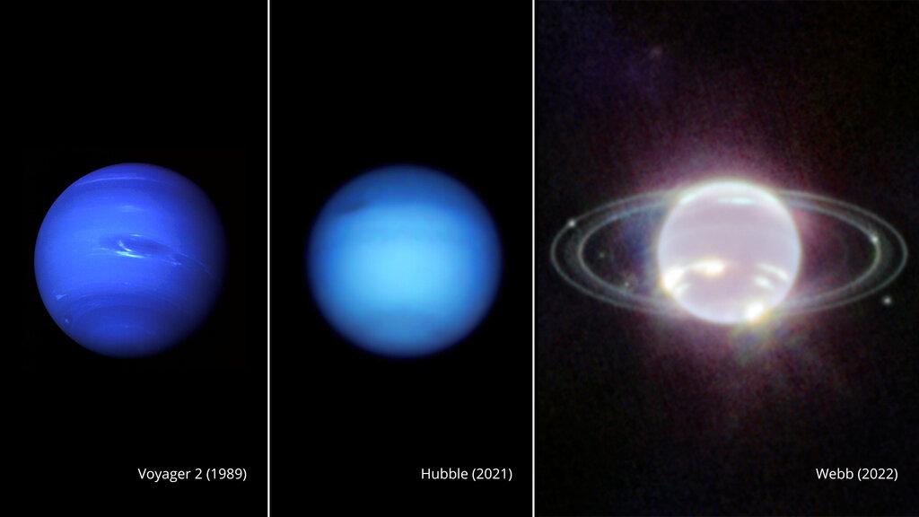 (左起)「航海家2號」(89年)、哈勃望遠鏡(21年)及韋布望遠鏡分別拍下的海星王照片。(美聯社)