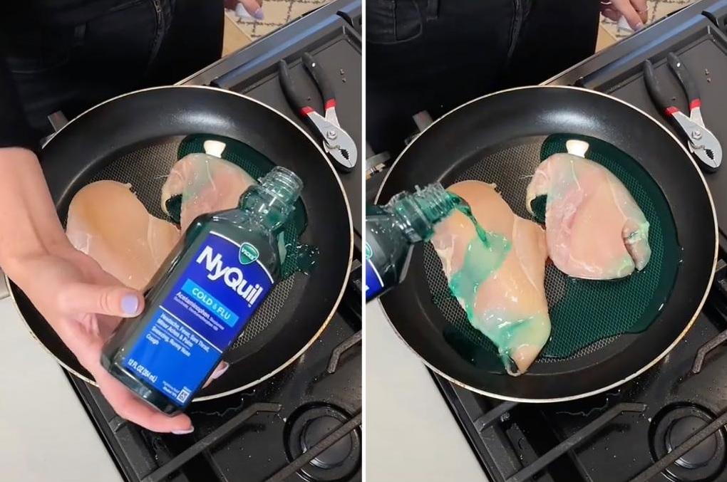 網民用大量NyQuil煎煮雞胸肉。(互聯網)