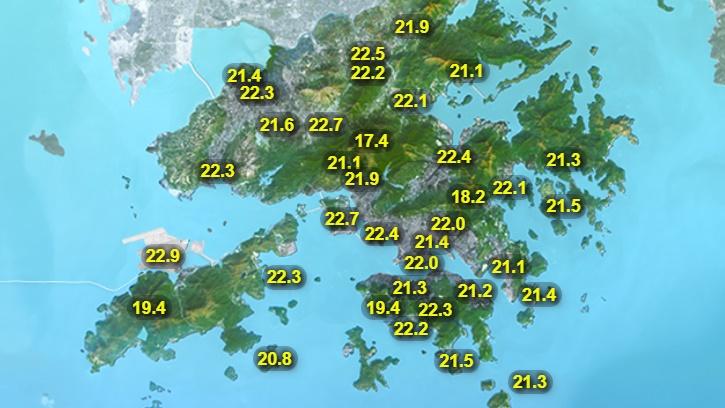 本港地區今日天氣預大致多雲,有一兩陣雨。最高氣溫約24度。吹和緩東至東北風,初時風勢清勁。(香港天文台)