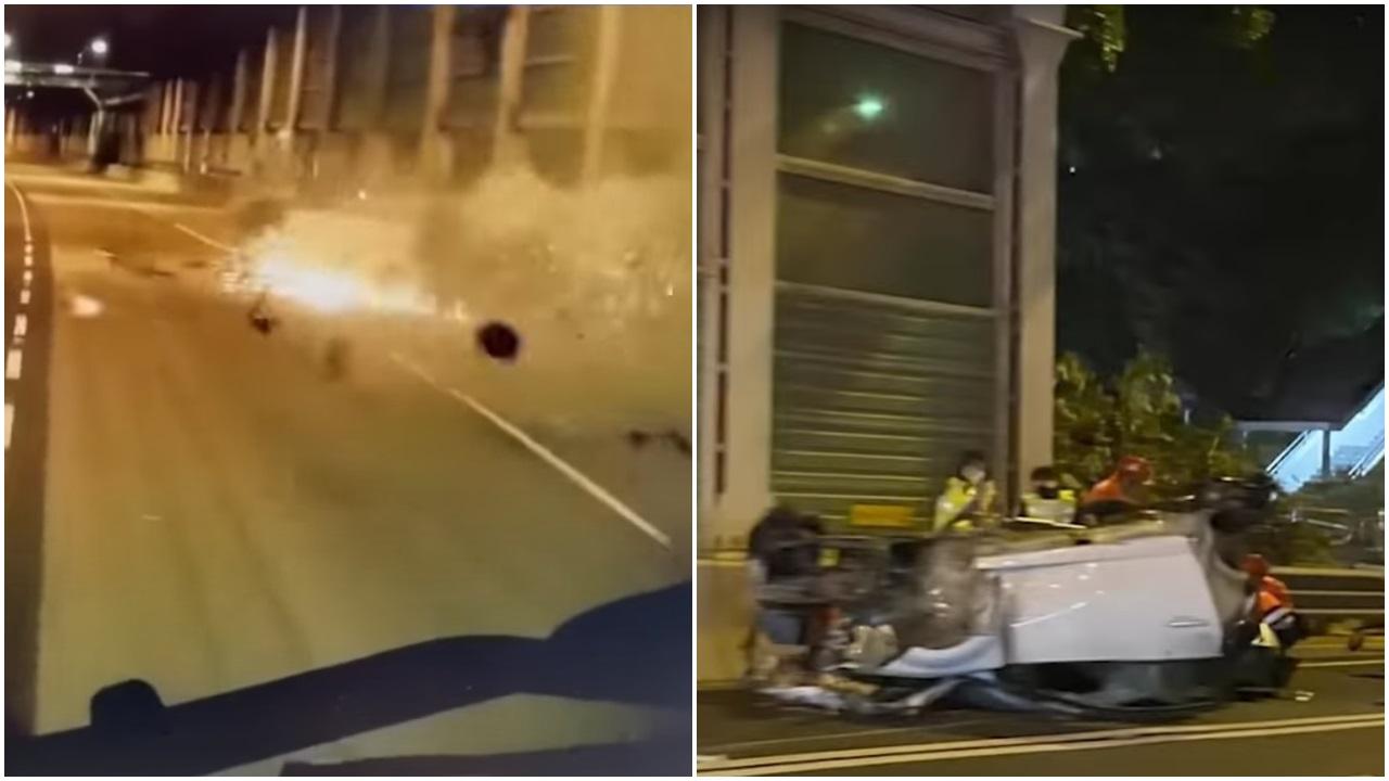 屯公私家車自炒撞壆 火花四濺引擎飛脫