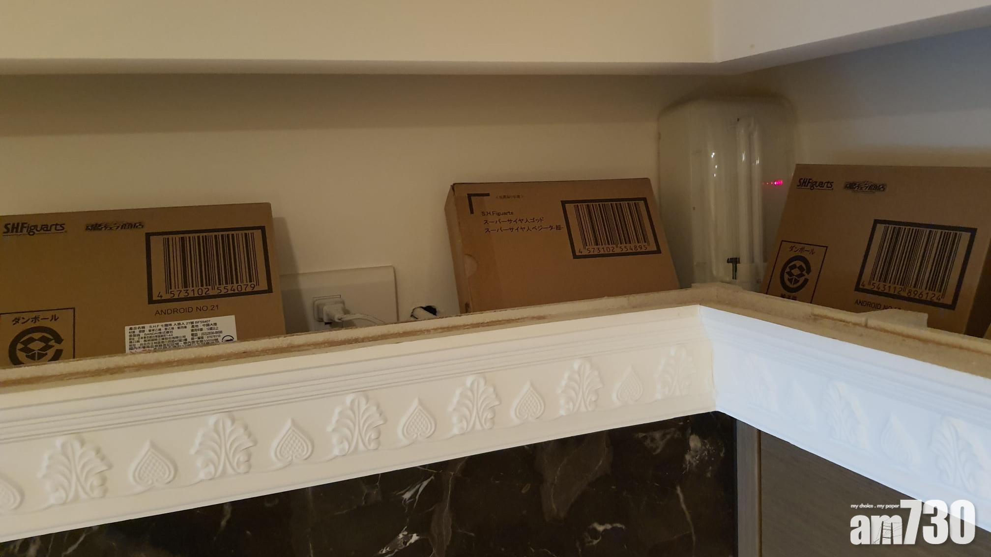 專頁教用摺梯,將玩具放在假天花上。(老婆不知道我買玩具 @fb)