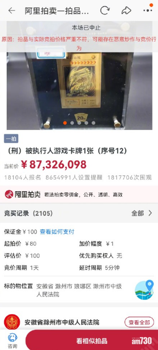 叫價衝上天價後,拍賣被緊急中止。(互聯網)