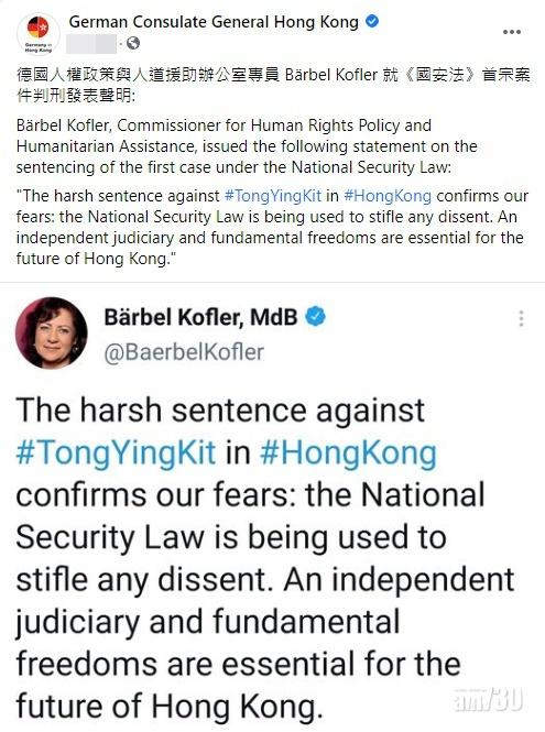 德人權專員稱唐英傑案判刑嚴厲,指國安法用以壓制異見。(FB)