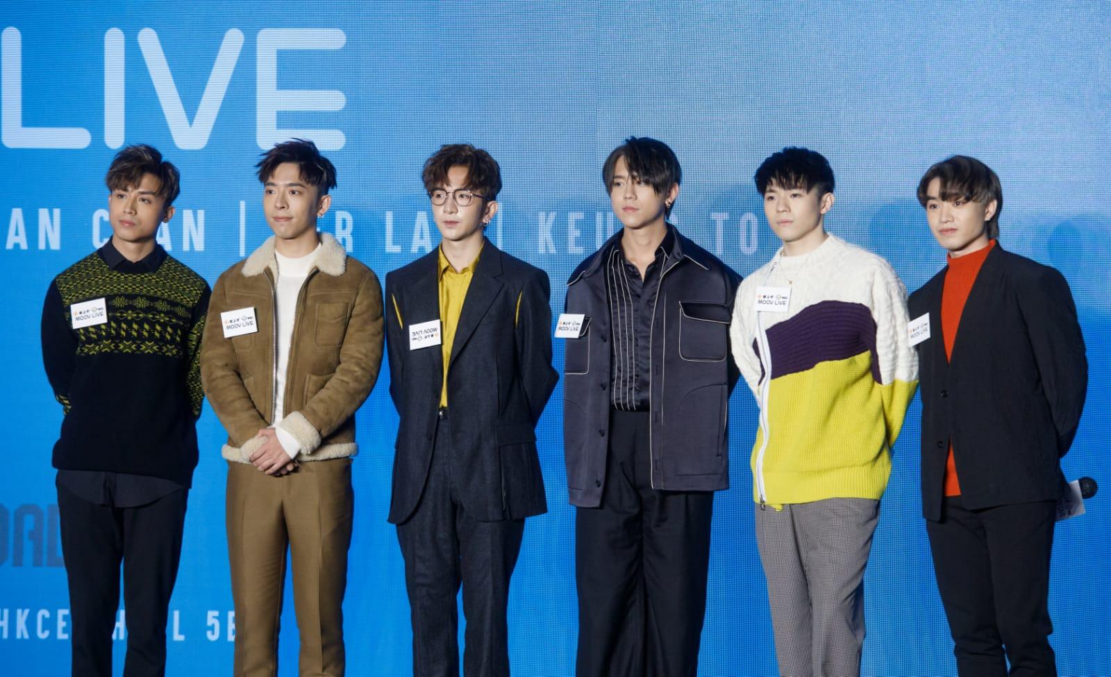MIRROR 6位成員(左至右)AK, Edan, Anson Lo, 姜濤, Ian, Jer出席《網上行夢想系MOOV LIVE:Music On The Road》記者會。(蘇文傑攝)